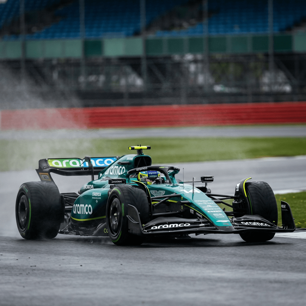 Green Aston Martin F1 car with Aramco and Honda text on a wet racetrack.