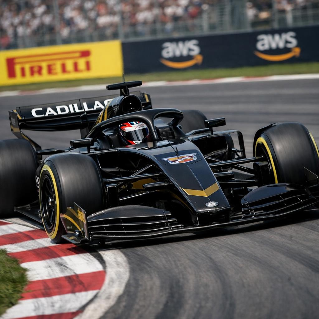Black Cadillac Formula 1 car with driver taking a sharp turn on racetrack
