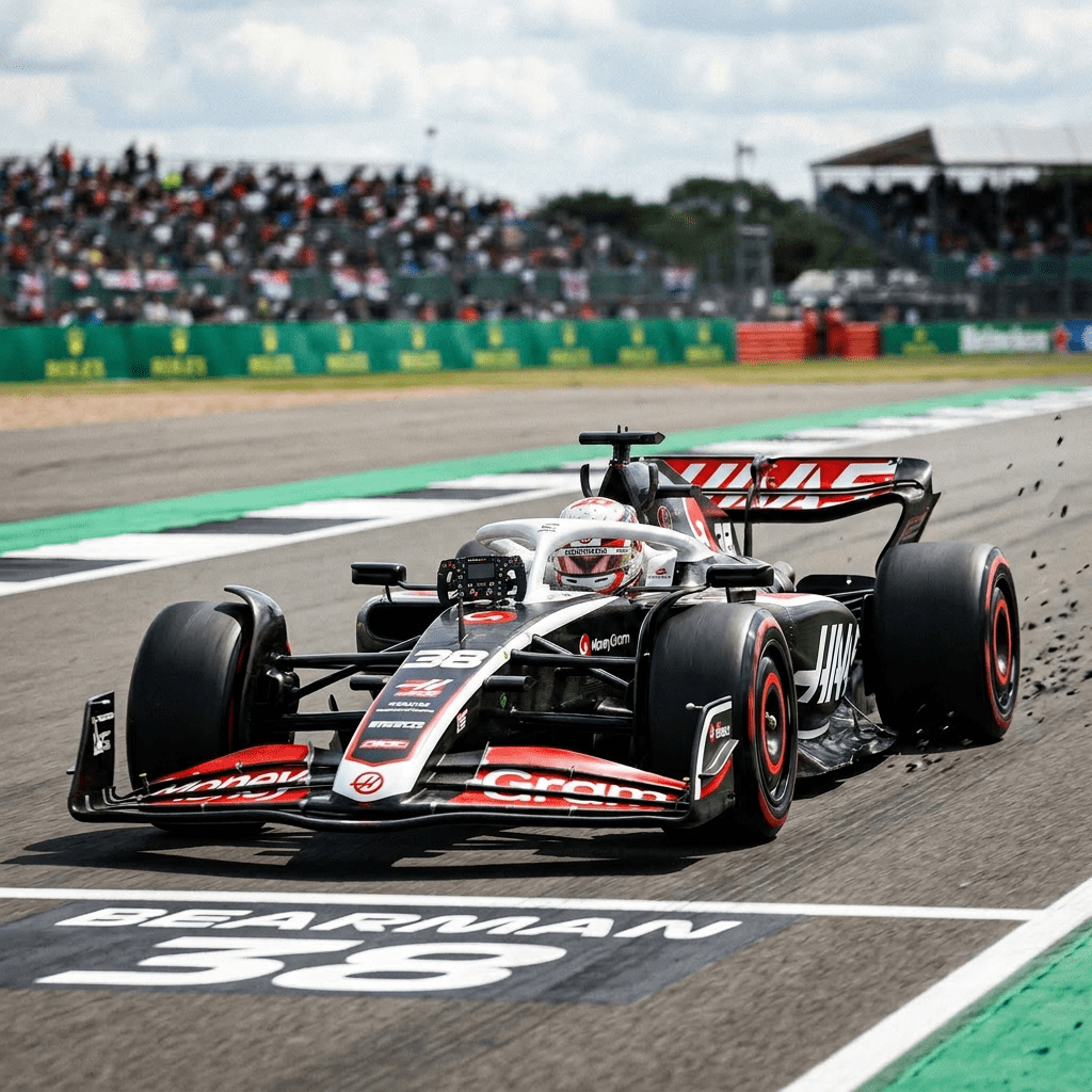 Formula 1 racecar number 38 driven by Mick Schumacher going off track at Silverstone