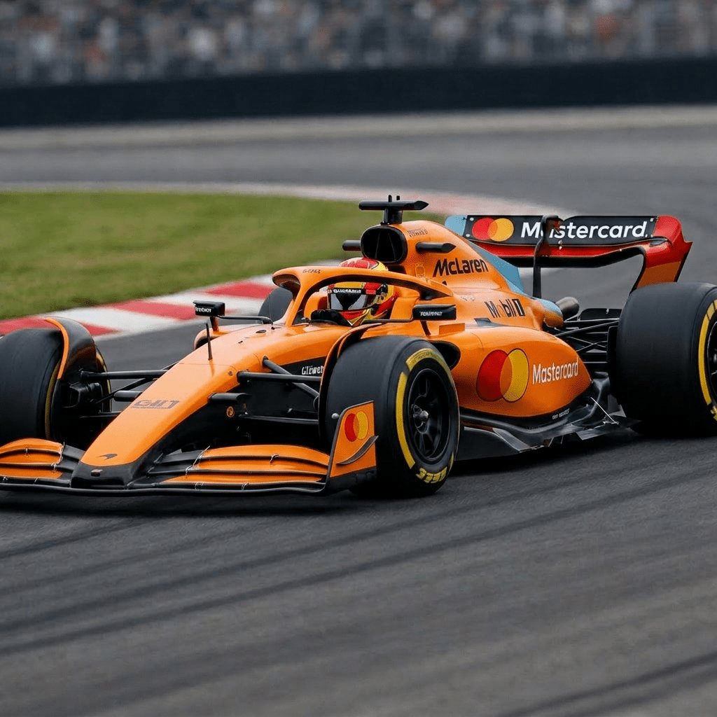 Red and orange McLaren Formula 1 car with Mastercard logos driving on racetrack