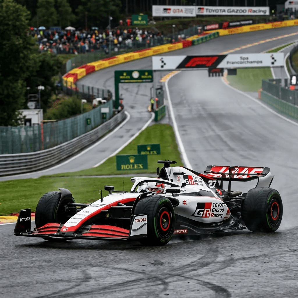 Toyota Gazoo Racing Formula 1 car number 27 on wet Spa-Francorchamps circuit
